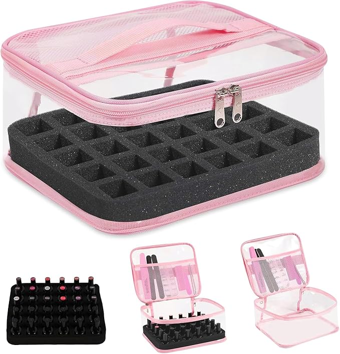 Beloving Clear Nail Polish Organizer Holds 30 Bottles PVC Nail Polish Case See-Through Nail Supplies with Manicure Tools Storage Sections, Portable Travel Nail Tech Carrying Bag for Storage Display