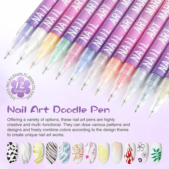 12 Colors Nail Art Pens Set, Nail Markers, 2026 New Quick Dry Nail Art Markers for Gel Nails, Drawing Painting Liner Brush for DIY Nail Art Beauty Adorn Manicure Tool