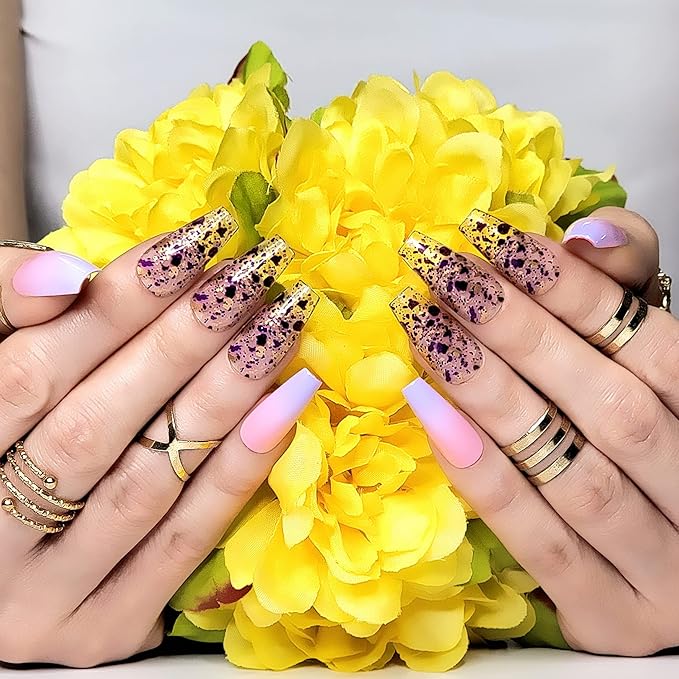 Hypnaughty Rio 24pcs Long Coffin Press-on Nails, Pink to Purple Ombre with Transparent Gold Design, ABS Material, Full Set with Glue
