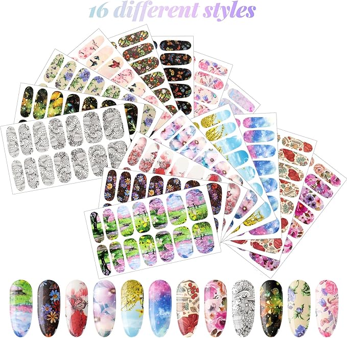 224 Pieces 16 Sheets Flower Full Wrap Nail Polish Stickers Self Adhesive Nail Wraps Nail Decals Nail Polish Sticker Butterfly Flower Nail Decals for Women Nail Decoration