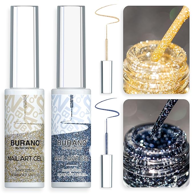 BURANO Gel Nail Polish Liner Nail Art Polish, Silver Gold Painted Gel Nail Design Polish 2 Bottle 8ml, Build in Thin Nail Brush Curing Required LX17 LX22