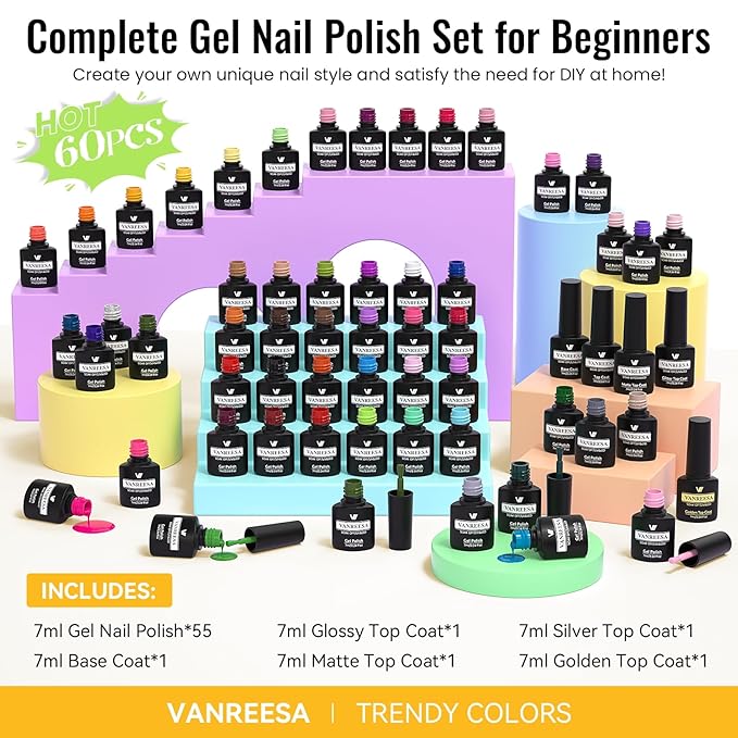 VANREESA 60 Pcs Gel Nail Polish Set 55 Colors Spring Summer Fall Winter Gel Polish with Base Coat & 4 Effects Top Coat Nail Kit Gifts for Women Girls Nail Art Salon at Home