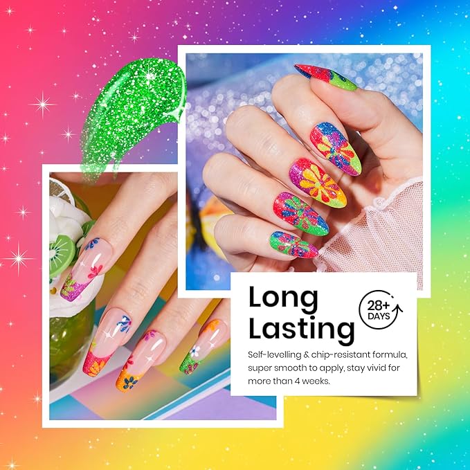 beetles Glitter Gel Nail Polish Set - Neon Carnival 6 Colors Reflective Glitter Gel Polish Set Pink Green Purple Blue Spring Bright Sparkly Gel Nails Soak Off Uv Led Salon Easter Gift for Women