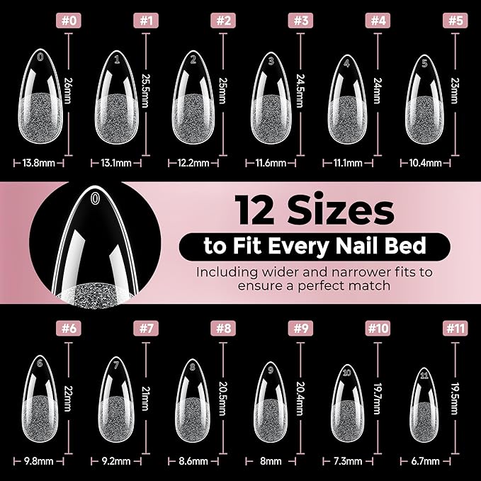 Medium Almond Nail Tips, 240pcs Soft Gel Pre-Filed Acrylic Almond Fake Nails, Half Matte Full Cover Clear Press on Flase Nail Tips for Nail Extension Home DIY 12 Sizes Gelly Tips