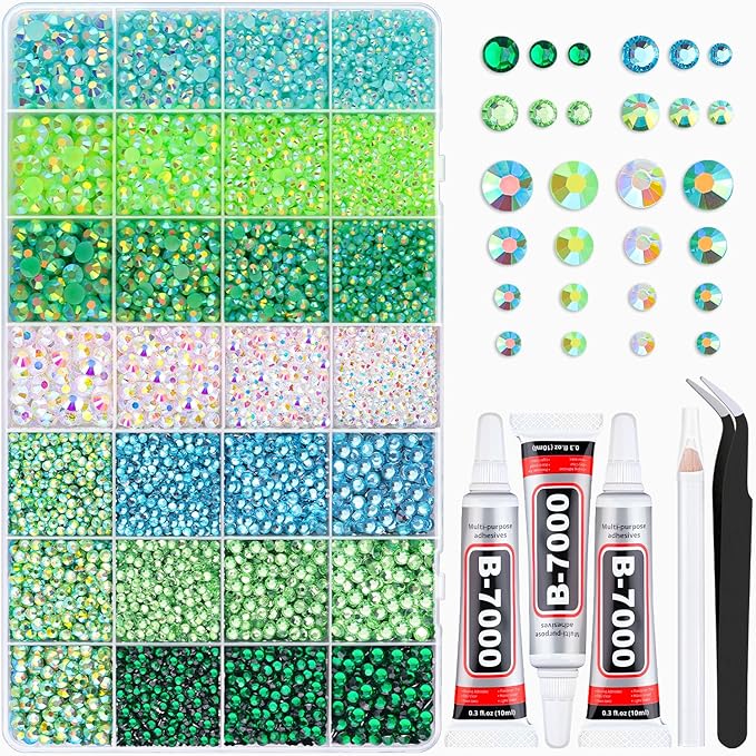 20000Pcs Green Rhinestones for Bedazzling with 3Pcs B7000 Jewelry Glue, Resin Rhinestones for Crafting Crafts，Bedazzler Kit Flatback Gems for Clothing Shoes Tumblers Nail Art