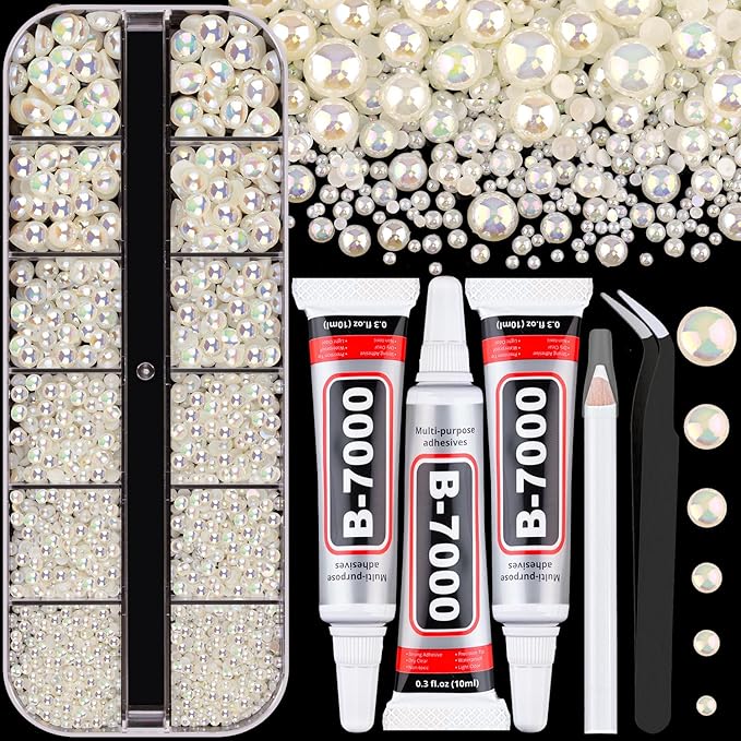 Flatback Pearls for Crafting with 3Pcs 10ml B7000 Jewelry Glue, 1 Box of Half Round Beige AB Pearls, Bedazzling Beads for DIY Crafts Clothing Shoes Tumblers Nail Art