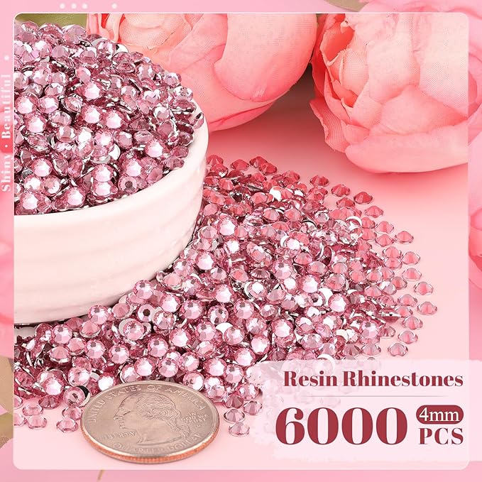 6000PCS 4mm Resin Rhinestones Bulk for Crafting (Dark Pink), Flatback Bedazzling Crystals for Crafts DIY Nail Decoration, Gems Charms for Tumbler Shoes Clothing Fabric with Pickup Pen and Tweezers