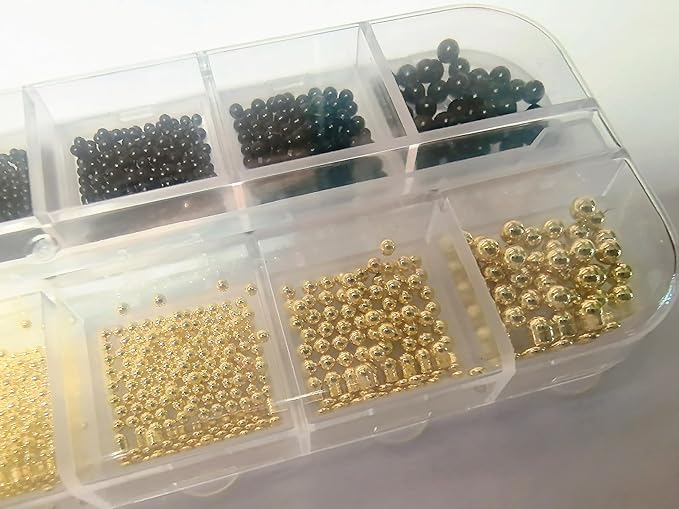 12 Grids Art Charms Metal Beads 3D Caviar Small Steel Ball Nail Accessories Nail Art Metal Mini 3D Mixed Sizes DIY ons Accessories (Black and Gold