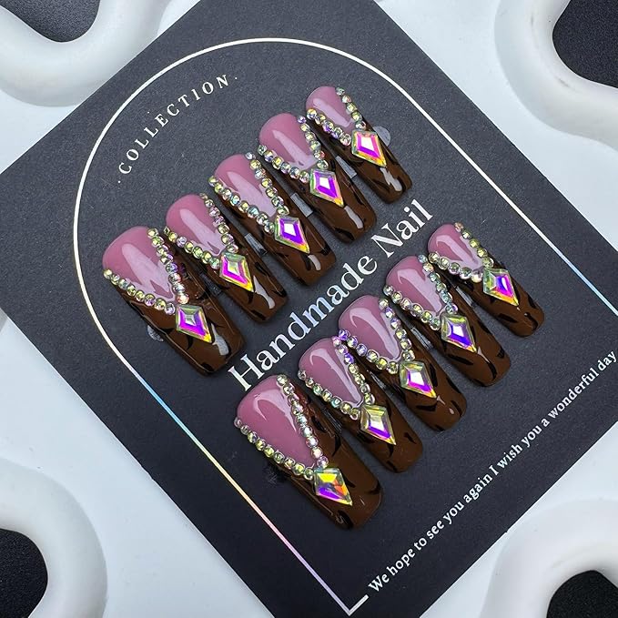 100% 5D Handmade Press on Nails Leopard Long Coffin Fake Nails Press ons Diamond False Nails Fall French tip Press on Nails Rhinestones Fake Nails for Women Girls Daily Wear DIY Manicure Size L