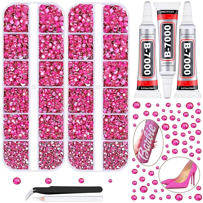 12100Pcs Resin Rhinestones for Crafting with 3Pcs 10ml B7000 Jewelry Glue, 2 Boxes Flatback Crystals Diomand (Hot Pink) for Bedazzling Crafts DIY Nail Art Makeup，Non Hotfix Gems for Clothing Shoes