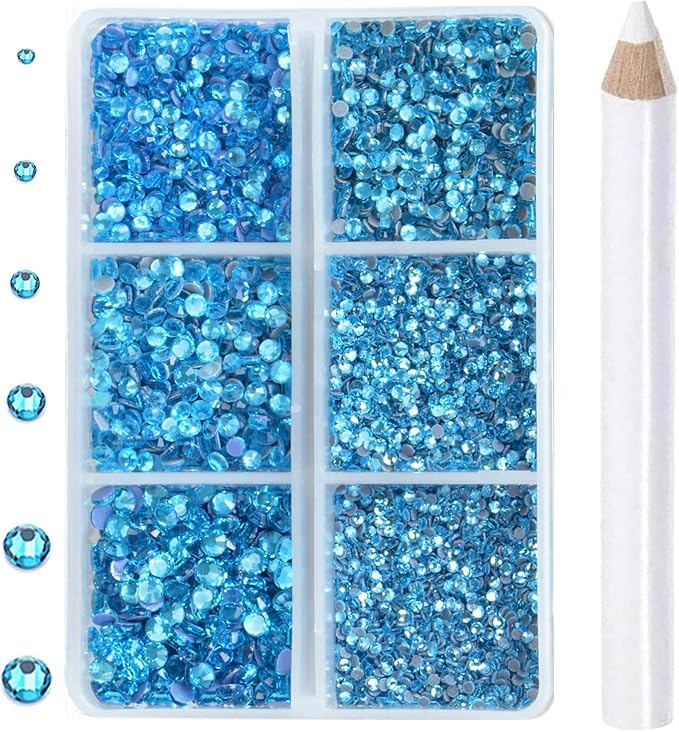 8000pcs Hotfix Rhinestones Flatback,Rhinestones for Crafts Clothes Mixed 6 Sizes, Hotfix Crystals with Wax Pencil Kit, SS3-SS12,Aquamarine