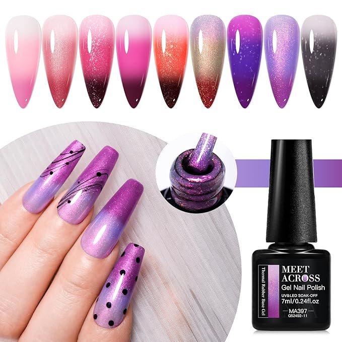 MEET ACROSS Color Changing Builder Nail Gel of 12 Temperature Shiny Changing Colors Rubber Base Gel Polish Including Pink Purple Orange Mood Changing Gel Manicure Kit for Nail Art Home DIY