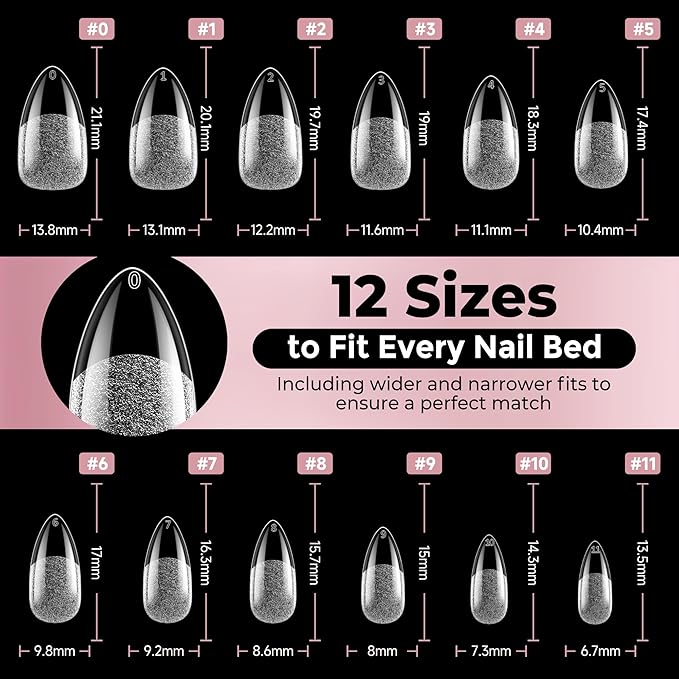 Almond Nail Tips: 240pcs Pointed Almond Soft Gel Nail Tips, Pre-shape Short Nails, Half Matte Full Cover Clear Acrylic Fake Press On Nails for Nail Extension Home Nail Art 12 Sizes Gelly Tips