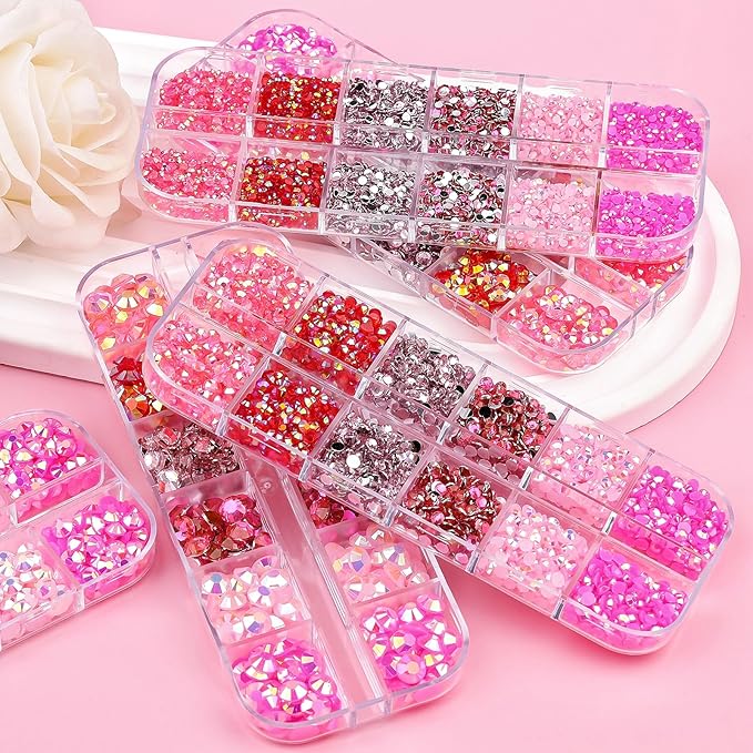 5 Boxes 12420pcs Sparkling Crystal Nail Rhinestones Kit, Flatback Multicolor Transparent Jelly AB Mermaid Gems with Pick Up Pen and Curved Tweezers for Manicure Salon & Craft DIY Designs (Pink)