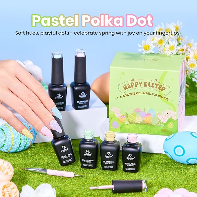 Beetles Easter Gel Polish Set - 6 Colors Pastel Polka Dot Gel Nail Kit Pink White Yellow Blue Green Color Soak Off UV LED Nail Polish Nail Art Home DIY & Nail Techs Spring Gift for Women