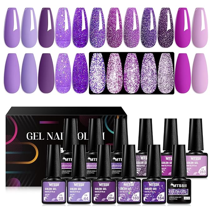 MTSSII Purple Reflective Gel Nail Polish Set, 12 Colors Lavender Violet Sparkly Gel Polish Diamond Shiny Glitter Soak Off Led Nail Polish for Women Girl DIY Nail Art Gift