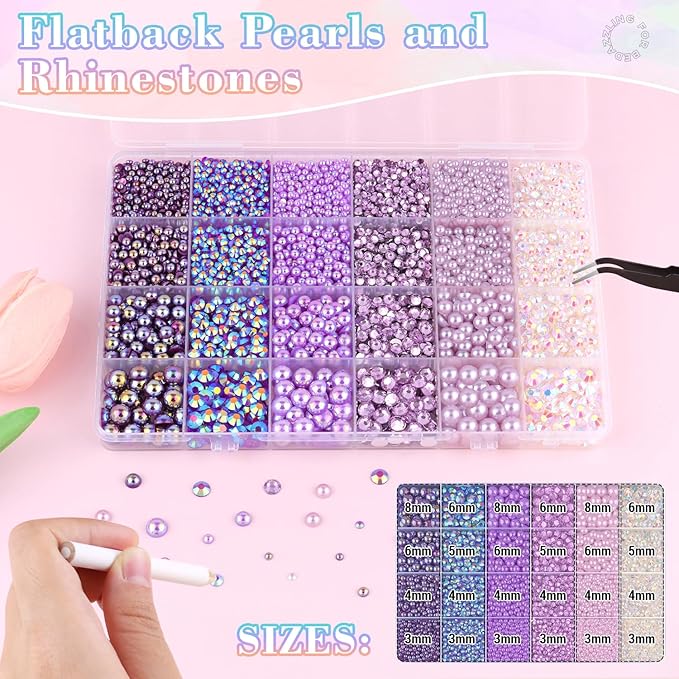 14000Pcs Flatback Pearls and Rhinestones for Crafting, Purple Series Mixed Size 3-8mm Resin Rhinestones and Half Pearls for Bedazzling, Nail Art with Tweezers and Pickup Pencil