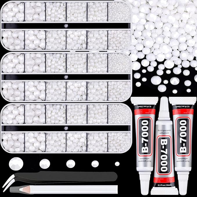 Resin Rhinestones for Crafting with 3Pcs 10ml B7000 Jewelry Glue, 3 Boxes White Flatback Gems Crystals Diamond for Bedazzling Crafts DIY Nail Art Makeup,Gems for Clothing Tumblers Shoes