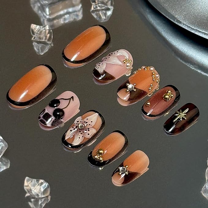 Almond Press on Nails Short Fake Nails Brown Artificial Nail Seeneey Cherry Tortoise Shell and Gold Charm Designs Flowers Stick on Nail for Women 24pcs