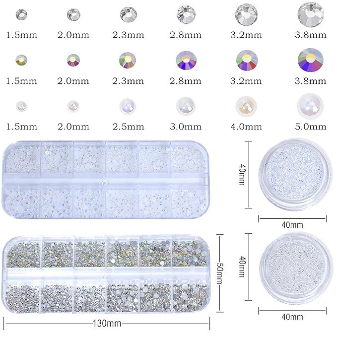 HNUIX Nail Rhinestones and Pearls Nail Charms, 4Box Crystals Nail Gems, Rhinestones, Pearl for Nails Gemstones Bling for DIY Nail Art Decor, with Wax Pencil and Tweeze