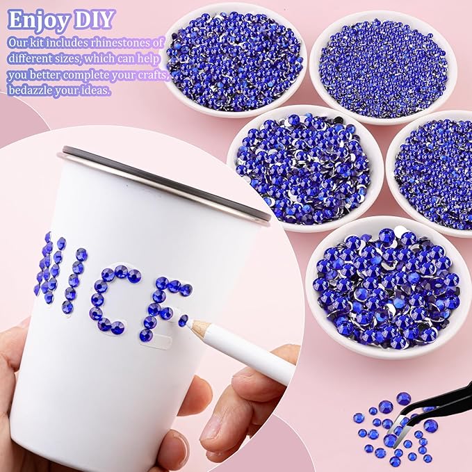 32000Pcs Resin Rhinestones with Tweezers for Crafting, Royal Blue Flatback Gems, Bedazzling Crystal with 3Pcs 10ml B7000 Jewelry Glue for DIY Crafts Clothing Tumblers Shoes Fabric Nail Art