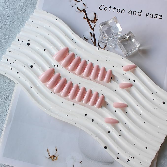 Dusty Pink Press on Nails - Almond Shape Medium Length Neutral Acrylic Reusable Fake Nails for Women Girls - Glue on Stiletto False Soft Gel Artificial Nails