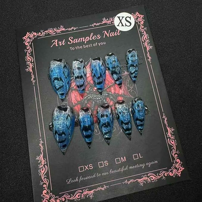 Handmade Press on Nails Short False Nails with 3D Dark Design Unique Style Daily Wear Size L