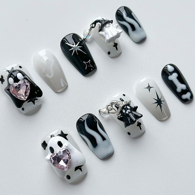 Halloween Press on Nails Medium Coffin Handmade Nails 3D Unique Reusable ABS Material Fake Nails Black&White False Nails with Designs Cute Ghost Charms Glossy Glue on Nail Thick Acrylic Nail(M)