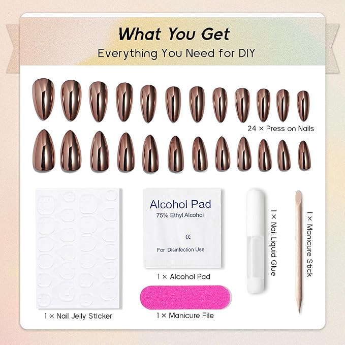 Chrome Press On Nails Almond, Metallic Bronze Mirrored Glue on Nails Medium Press Ons, Acrylic Natural Fit Stick on Nails in 12 Sizes - 24Pcs Fake Nail Kit for Women Daily & Party Wear