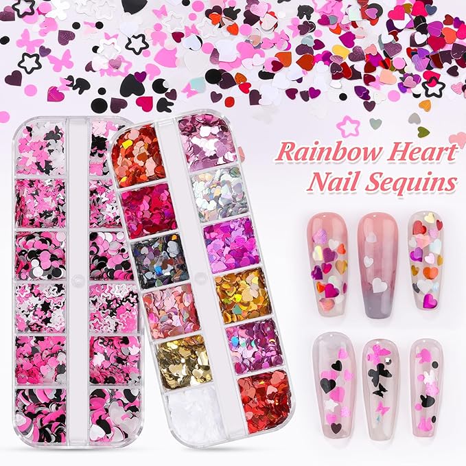 10 Boxes Holographic Nail Glitter Sequins Kit,Mixed Shape Iridescent Laser Butterfly Heart Star Maple Leaf Cherry Blossoms Sakura Petal Nail Art Flakes with Tweezers & Dotting Tools for Nail Craft