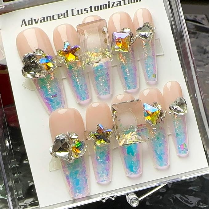 WOMHOPE Press on Nails Handmade Full Cover False Nails with Rhinestone Vintage Flower Aurora Acrylic Nails for Women and Girls 10pcs/Box Long Almond,Coffin (French polarization, Small)