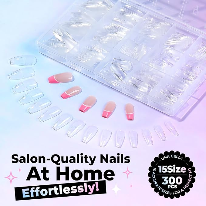 UNA GELLA Coffin Gel Nail Tips Medium 15 Sizes 300PCS Pre-Etched Clear Fake Nail Tips Easy DIY Salon Medium Coffin Press On Nails Snug Fit Full False Acrylic Tips Extensions Long-Lasting Hold