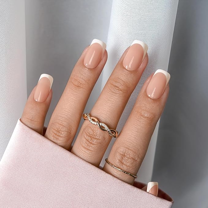 BTArtboxnails XCOATTIPS French Tip Nails - Short Press On Nails, 160 Pcs Nude Square Soft Gel Nail Tips Pre-applied Tip Primer & Base Coat, No Need File False Nails for Home DIY, 16 Sizes