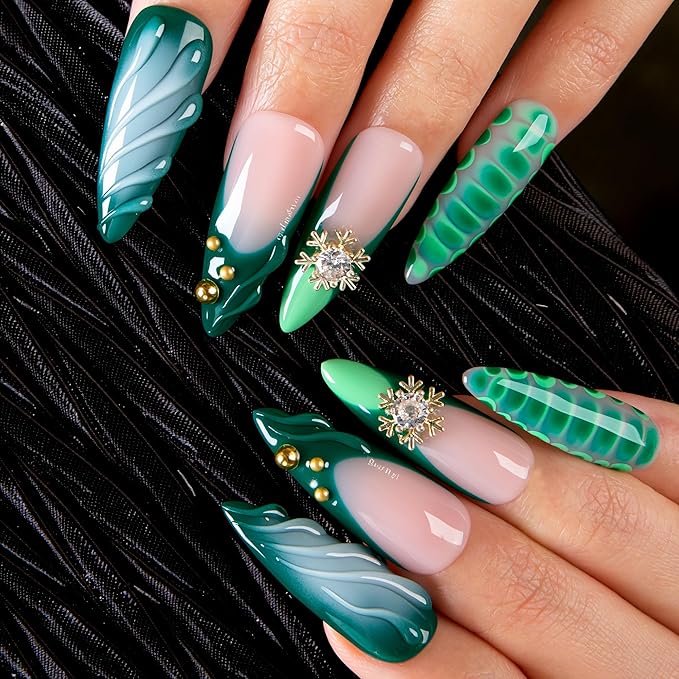 LOVFUL Short French Tip Press on Nails Forest Jewel | Handmade Acrylic Press ons| Reusable Fake False Nails | Stiletto Classic Regular 1.3in | H698-S