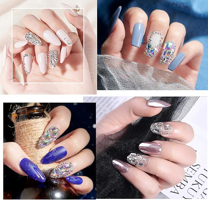 AD Beads 4300 Pieces Flat Back Nail Art Rhinestones Round Beads 6 Sizes (2-6.5mm) with Storage Organizer Box,Rhinestones Picking Pen for Nail Art Phone Decorations Crafts DIY (Blue Zircon)