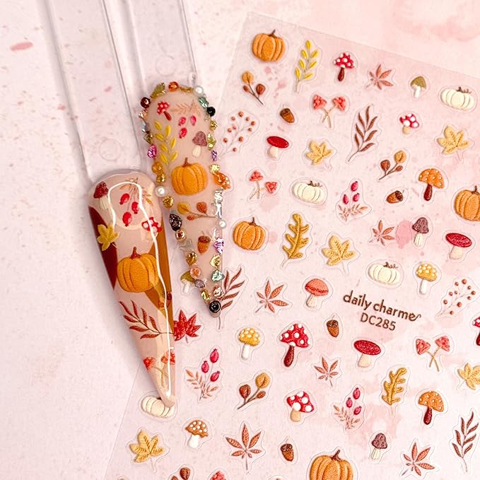 Daily Charme Fall Leaves Cottagecore Self-Adhesive Fall Nail Art Sticker Bundle Autumn Nail Decals Supplies Cute for Women Thanksgiving Day Nail Art Decorations Home DIY