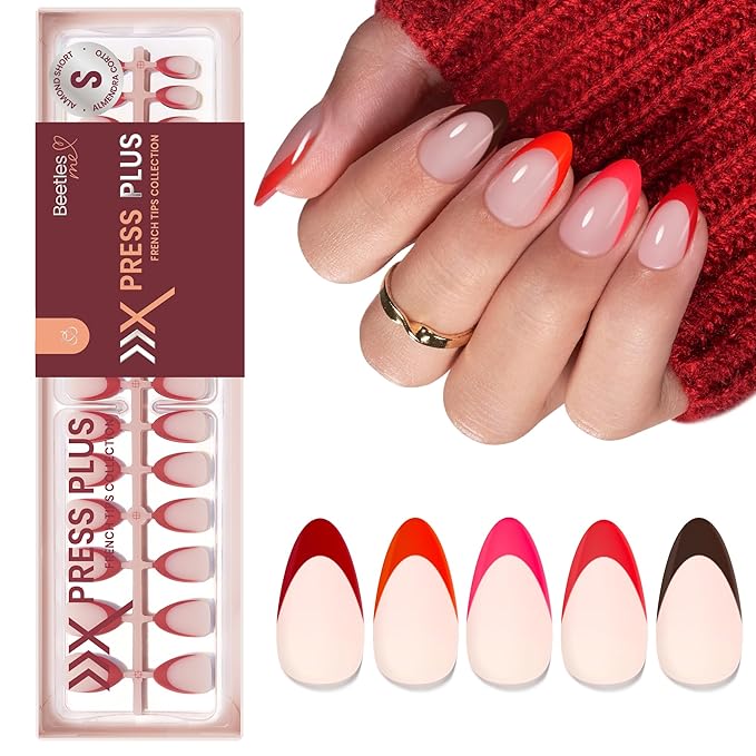 Beetles X Press Red French Tip Press On Nails - Rouge French | 5 Colors Short Almond Press On Nails Valentines | 16 Sizes 160 Pcs Natural Salon Quality For Valentines Nails