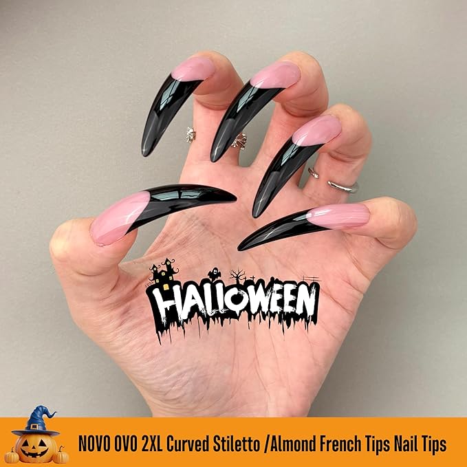 NOVO OVO Halloween Black XXL Curved Stiletto Almond French Tip Nail Tips Press on BERRY PINK, Full Cover Extra Thick Acrylic Hawk Curve Fake Extension Kit, No Nail Glue Included, 12 Sizes 144 pcs