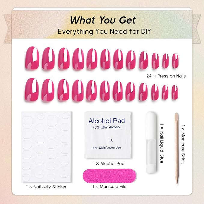 Chrome Press On Nails Almond, Glazed Hot Pink Round Glue on Nails Medium Press Ons, Acrylic Natural Fit Stick on Nails in 12 Sizes - 24Pcs Fake Nail Kit for Women Daily Party Wear