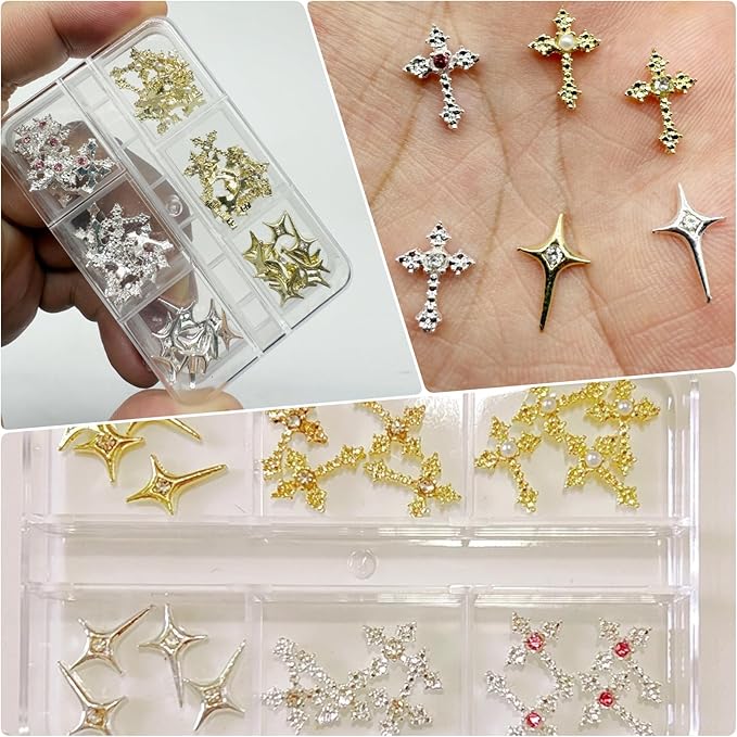 3D Cross Nail Charms for Nail Art, 60 Pcs Metal Crystal Cross Nail Decorations, Alloy Nail Studs and Rhinestones for Women Girl DIY Jewelry Crafts Supplies (Gold+Silver)