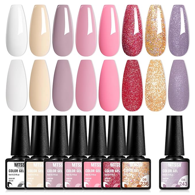 MTSSII Nude Glitter Gel Nail Polish Set 8Pcs Purple Pink Neutral Gel Polish Pastel Pink Tones Gold Beige Rose Soak off Uv Led Gel Polish Kit Gift for Girls Nail Polish