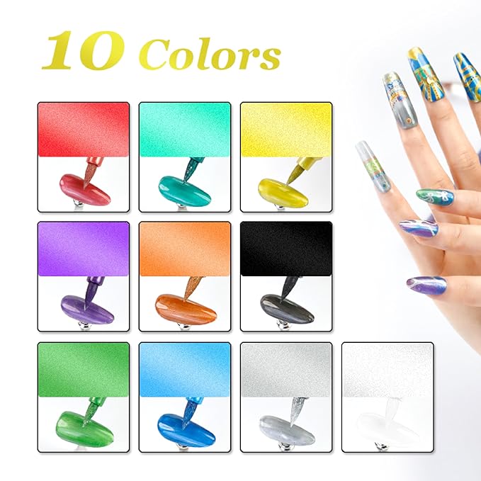 Metallic Nail Art Pens Set, 10 Colors Double-Ended Nail Design Markers with Fine & Brush Tip, Quick-Dry Water-Based Paint for DIY Manicure, Salon & Home Nail Art Decoration