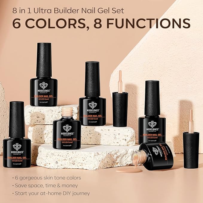 modelones Builder Nail Gel Polish Set, Base Colors 8-in-One Jelly Caramel Brown Latte Clear Builder Nail Gel for Nails Strengthener Hard Extension Rubber Lamp Cured 6 Colors