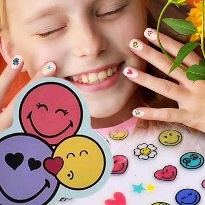Smiley Nail Stickers – 1 Sheet with 72 Stickers + 24 Rhinestones – Self-Adhesive Nail Art for Girls – Fun Activity & Gift Idea for Birthdays, Crafts, Party Bags and Playdates