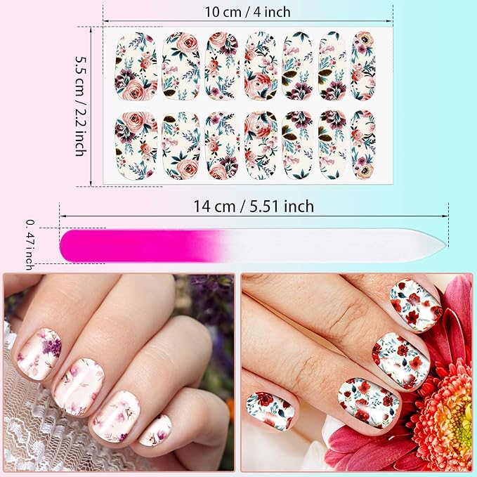 168 Pcs 12 Sheets Full Wraps Nail Polish Stickers Flower Print Self-Adhesive Nail Decal Strips with File Manicure Kits Colorful Flower Full Cover Decal Strips for Women DIY Decoration(Bright Style)