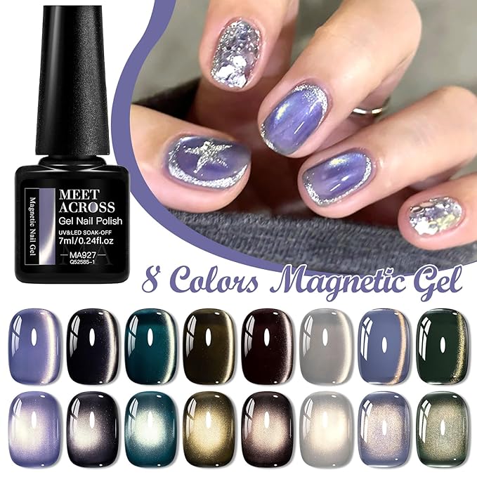 8 Color Magnetic Cat Eye Gel Polish Set - Holographic Magnetic Nail Polish with Magnetic, LED Lamp Compatible, Salon-Quality Long-Lasting Gel Polish Kit for Home, Multi-Color Shimmering Hues