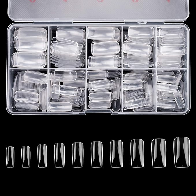 Full Cover Acrylic False Nail Tips, 500PCS Fake Nail Shape Artificial False Nails Tips 10 Sizes with Case for Nail Art Salons and Home DIY(Clear)