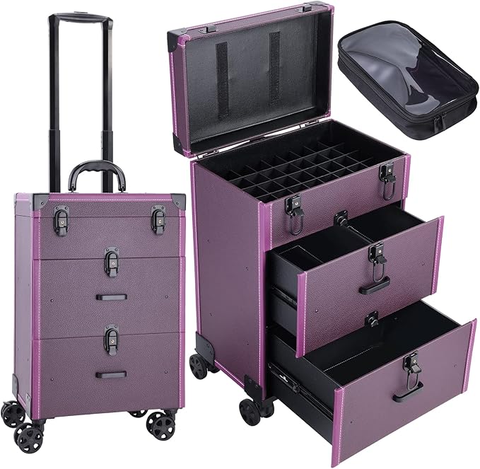 FRENESSA Rolling Nail Case Wheeled Manicure Storage Case Polish Organizer Professional Makeup Trolley for Studio or Travelling Nail Technician Artists Cosmetologist Stylist - Vegan Leather