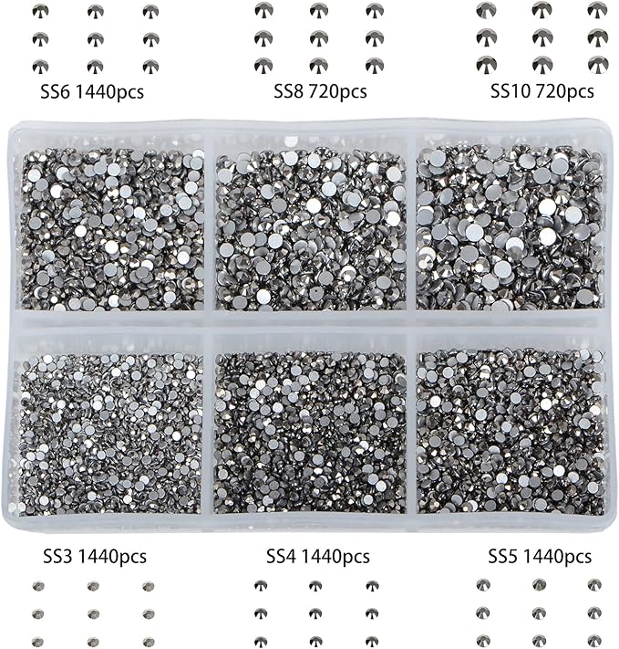 Bymitel 7200 Pieces 6 Mixed Sizes Glue Fix on Glass Rhinestones Round Crystal Gems Flatback for DIY Jewelry Making with one Picking Pen(6-Sizes 7200PCS, Jet Hematite)