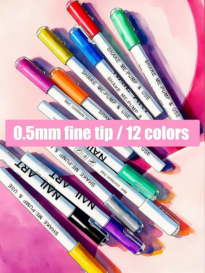 12 Colors 0.5mm Tip Nail Art Pens, Water Based Nail Art Marker Pens for Painting Nail Point Graffiti Dotting Liner Pen for Home Salon Quick Dry Manicure